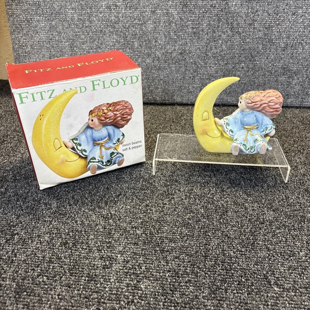 Vtg~Fitz and Floyd~Moon Beams Salt & Pepper Shakers~Angel & Moon~IOB